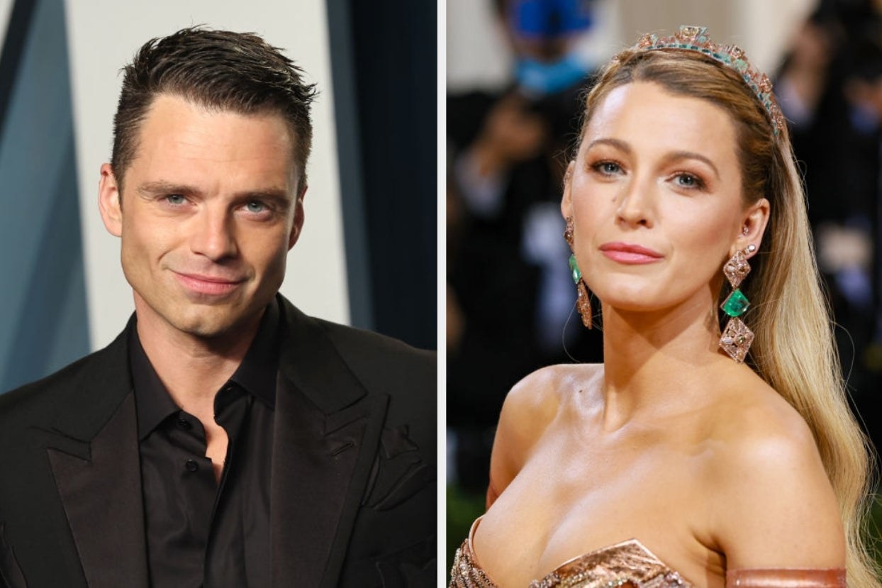 two images; on the left, a headshot of Sebastian Stan and on the right, a headshot of Blake Lively