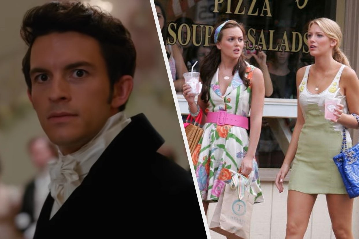 two images; on the left, Anthony Bridgerton from &quot;Bridgerton&quot; and on the right, the main female characters from &quot;Gossip Girl&quot;