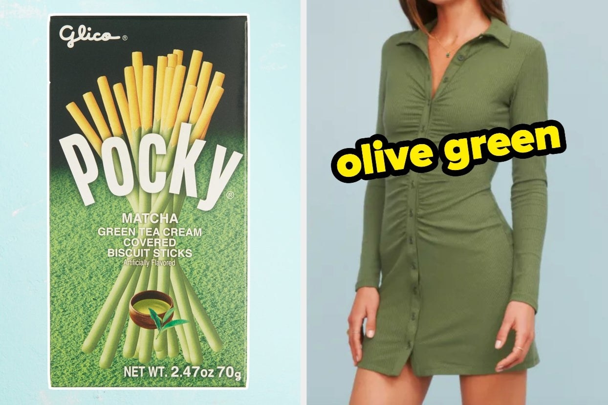 two images; on the left, a box of matcha-flavored Pocky and on the right, a green dress with the words &quot;olive green&quot;