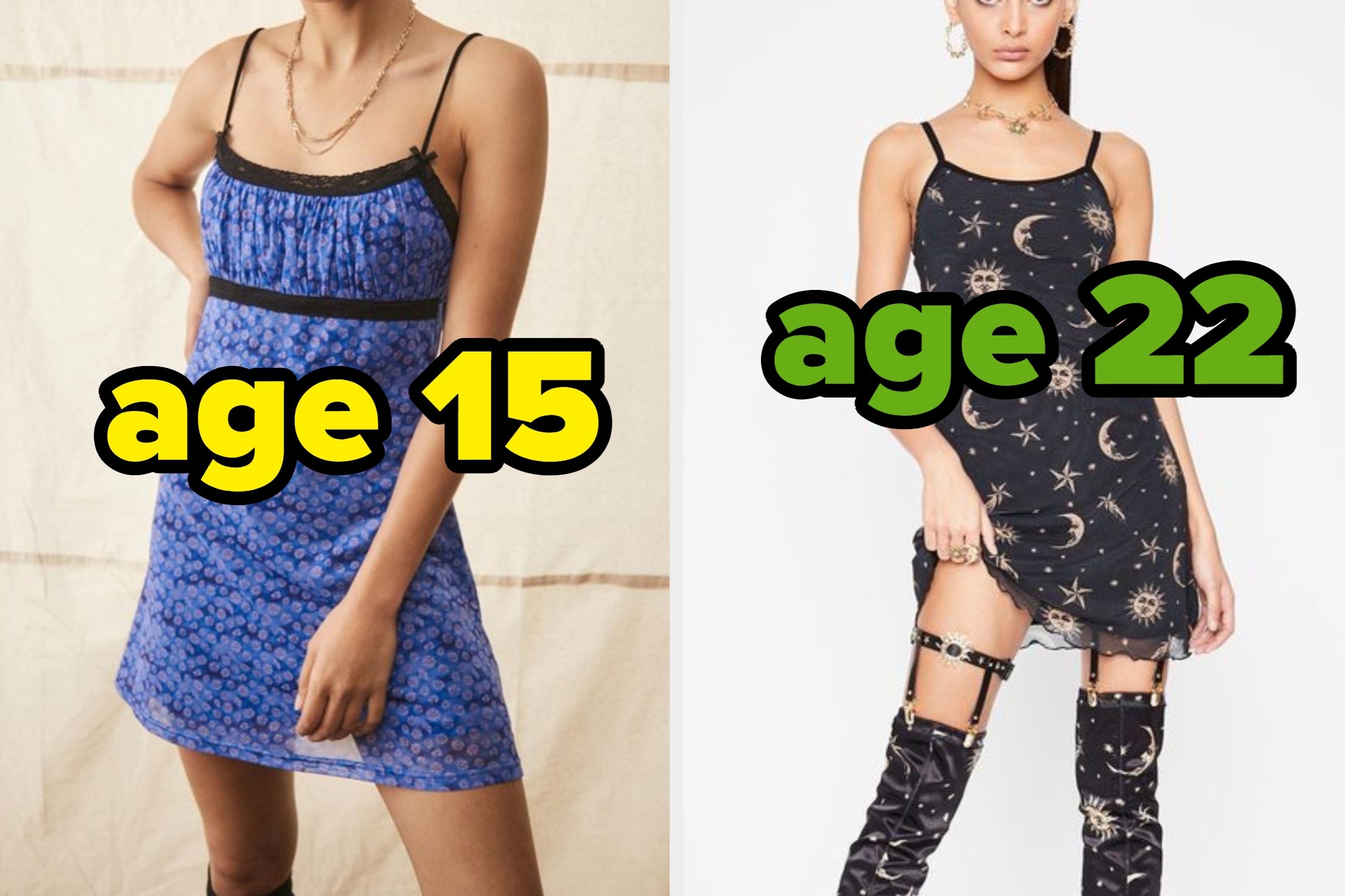 two images; on the left, a faceless model wearing a blue dress with the words &quot;age 15&quot; and on the right, a faceless model wearing a moon print dress with the words &quot;age 22&quot;