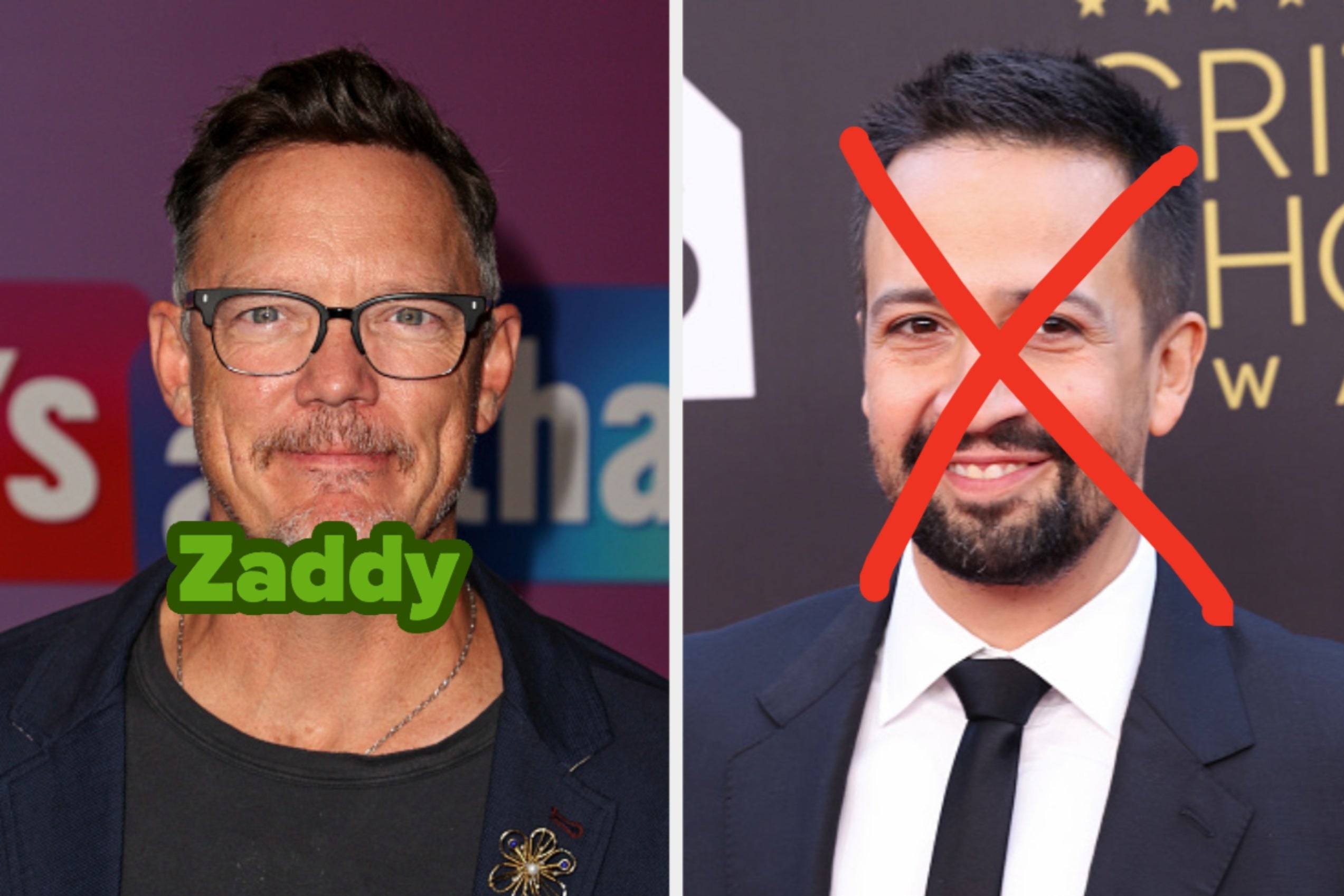 two images; on the left, a headshot of Matthew Lillard witht he word &quot;smash&quot; and on the right, a headshot of Lin Manuel-Miranda with an X over his face