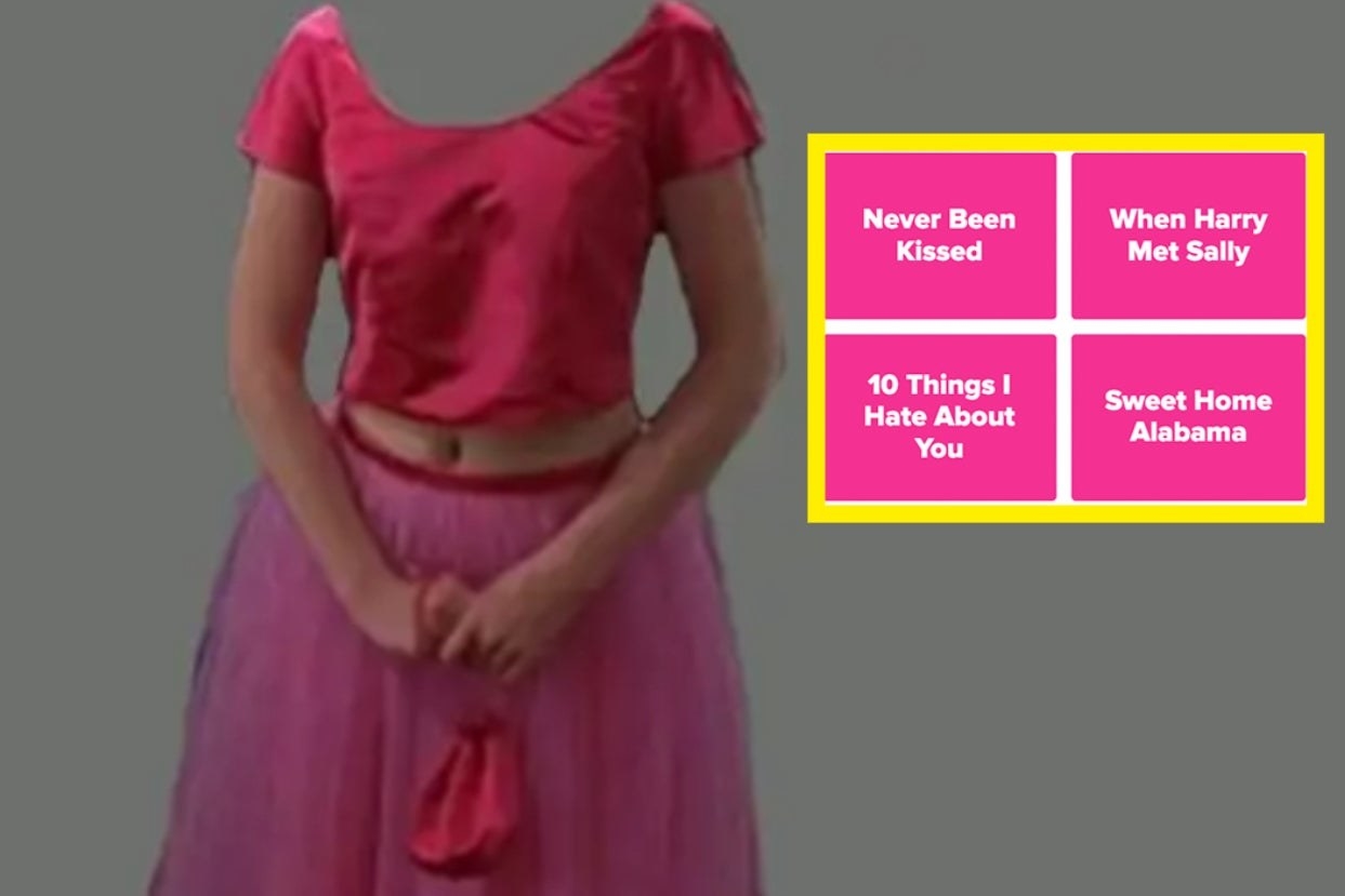 an image of a faceless body wearing a pink two-piece dress with the options &quot;Never Been Kissed,&quot; &quot;When Harry Met Sally,&quot; &quot;10 Things I Hate About You,&quot; and &quot;Sweet Home Alabama&quot;