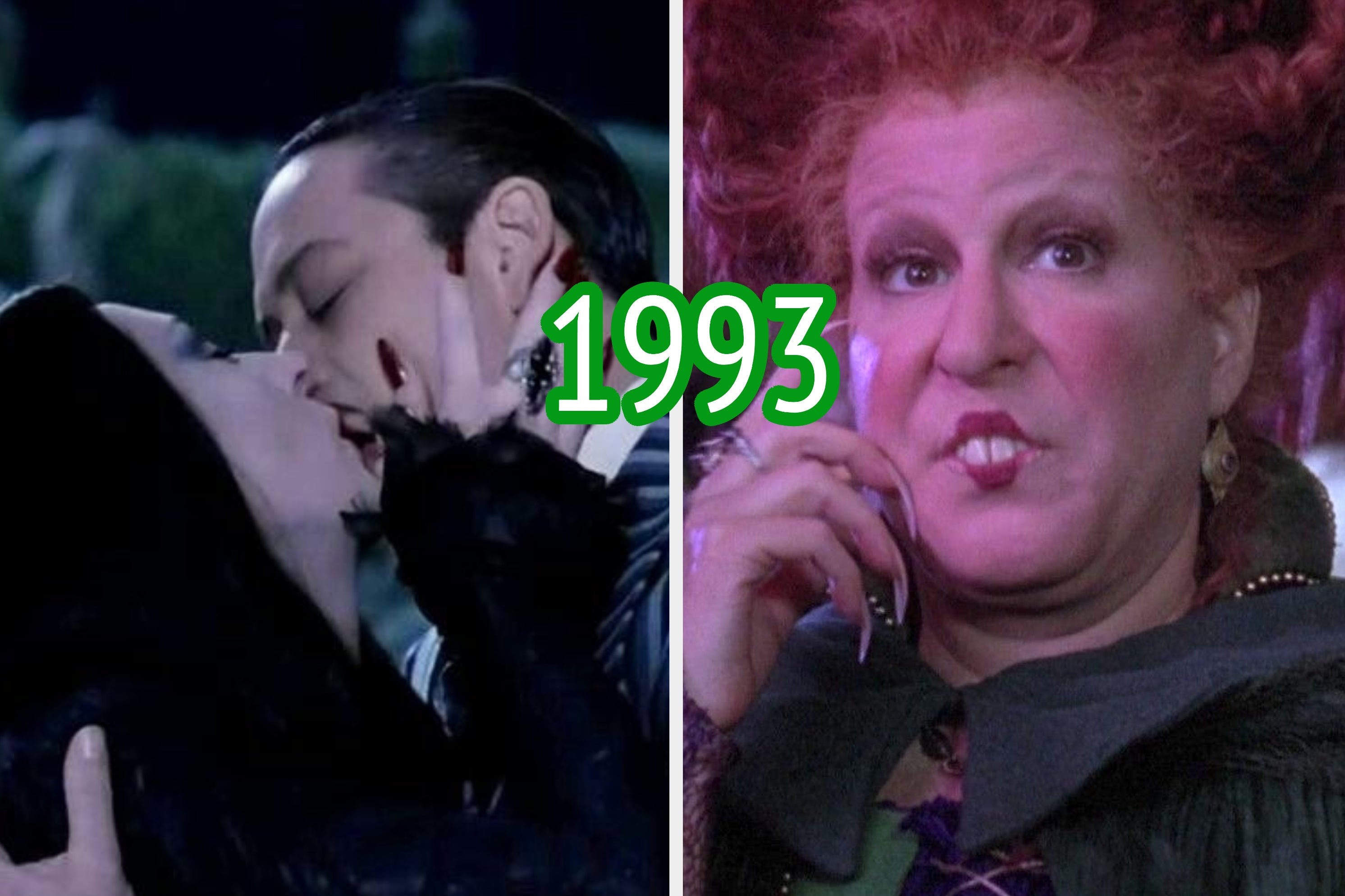 two images; on the left, Morticia and Gomez Addams from the live-action &quot;Addams Family&quot; and on the right, Winnie Sanderson from &quot;Hocus Pocus&quot;(both have the year &quot;1993&quot; written between them