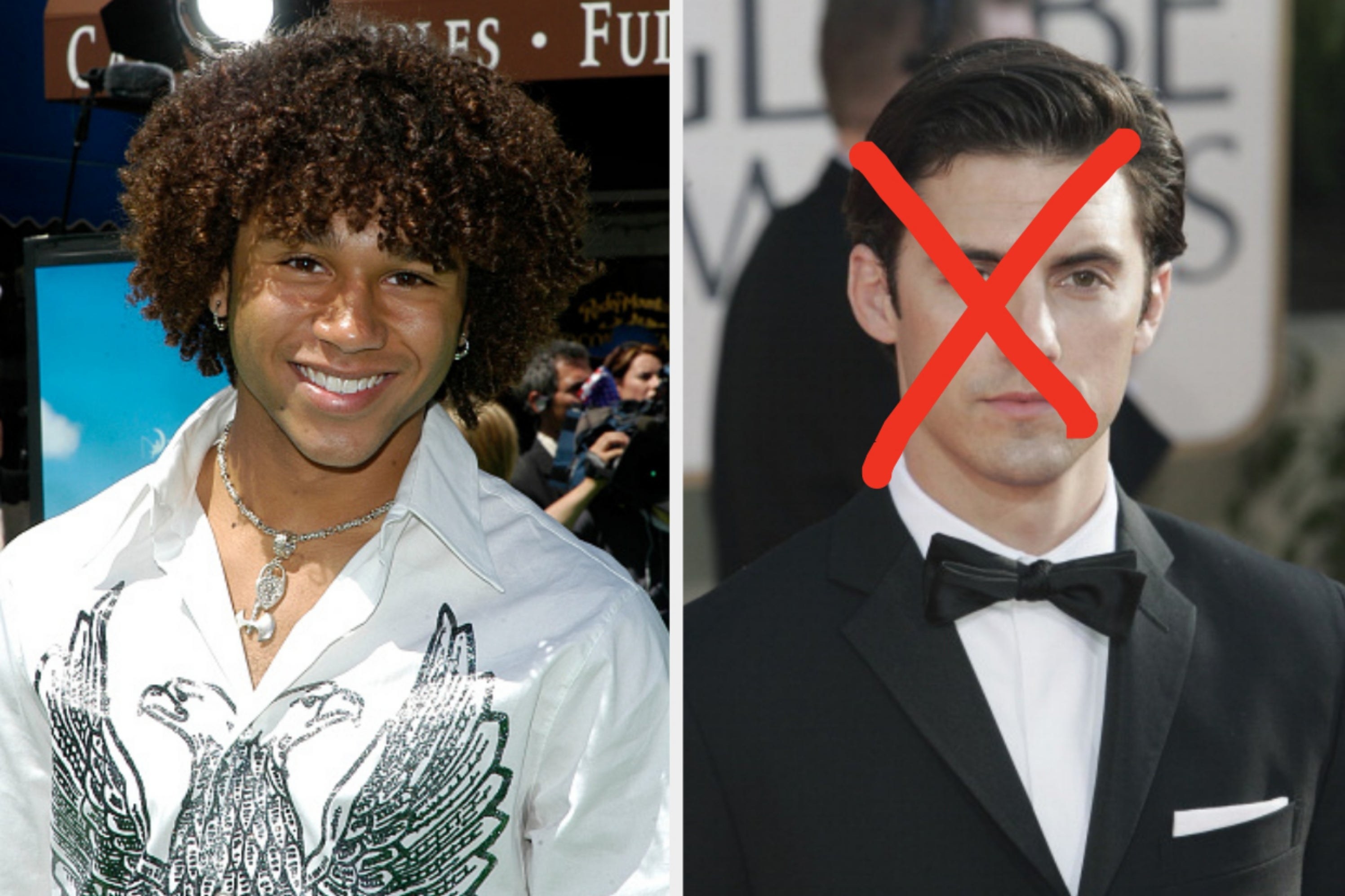 two images; on the left, Corbin Bleu from the late 2000s and on the right, Milo Ventimiglia from the 2000s with an X over his face