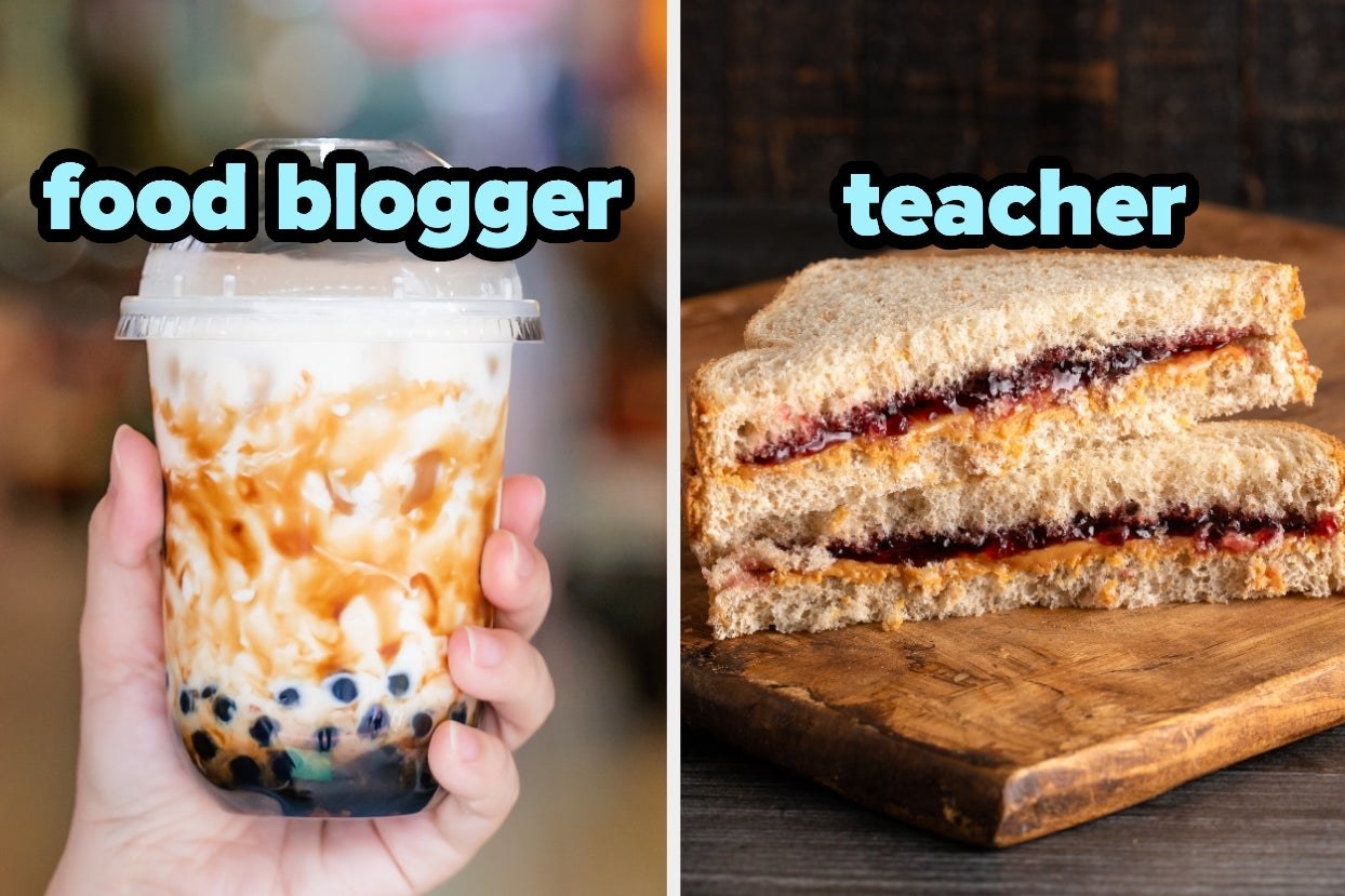 two images; on the left, an image of a hand holding boba tea with the words &quot;food bloger&quot; and on the right, a photo of a peanut butter and jelly sandwich with the word &quot;teacher&quot;