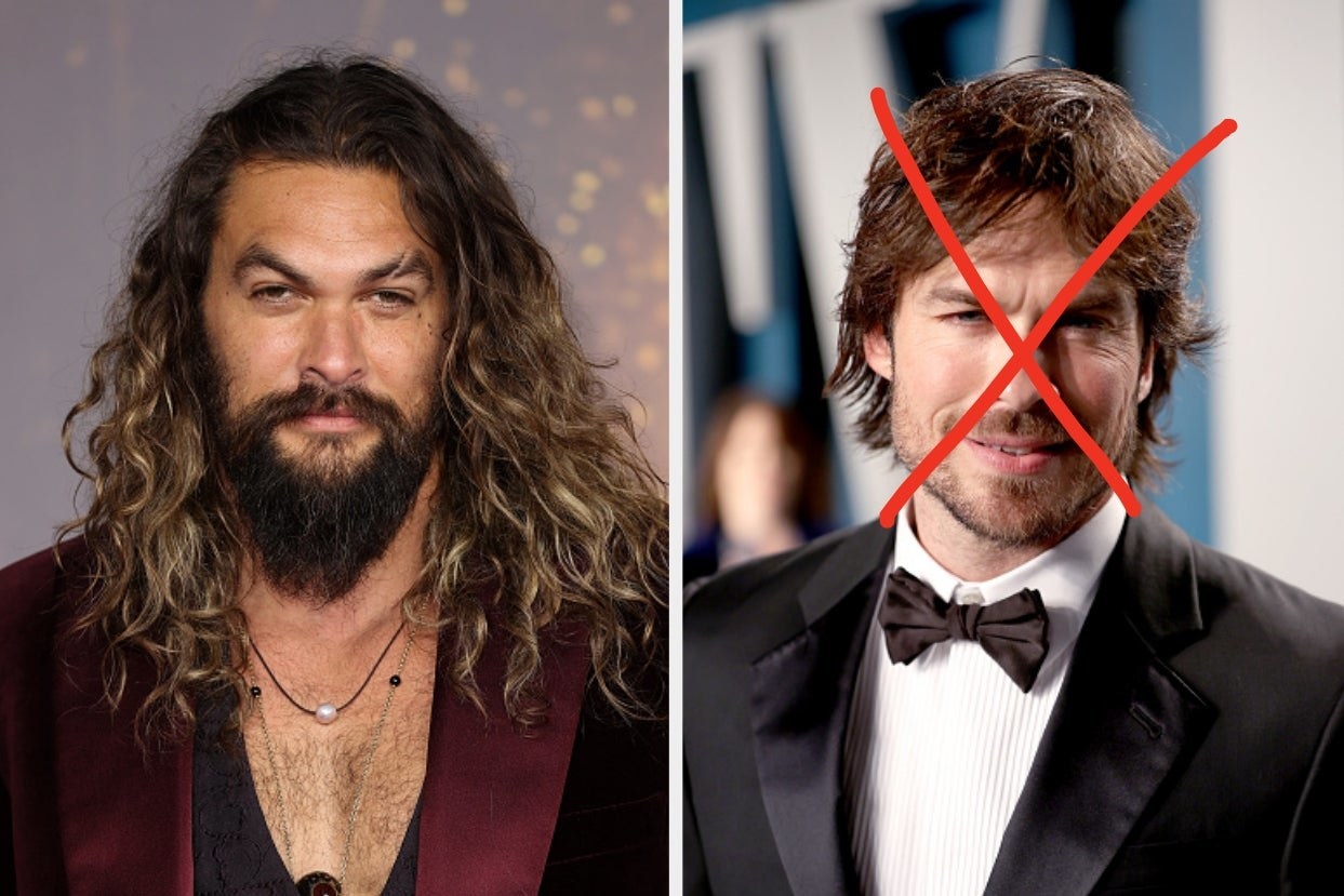 two images; on the left, a headshot of Jason Momoa and on the right, a headshot of Ian Somerhalder with an X over his face