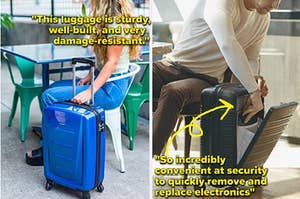 left: woman gripping a blue hardside suitcase. right: man stowing laptop into front compartment of suitcase.