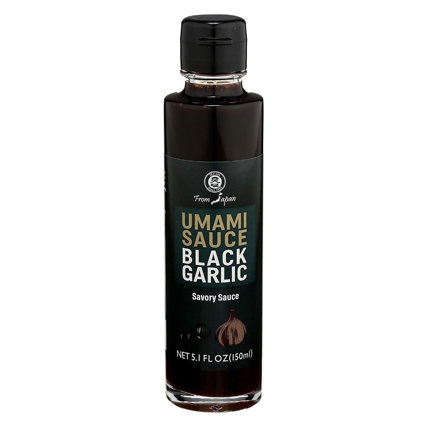 The black garlic umami sauce in its bottle