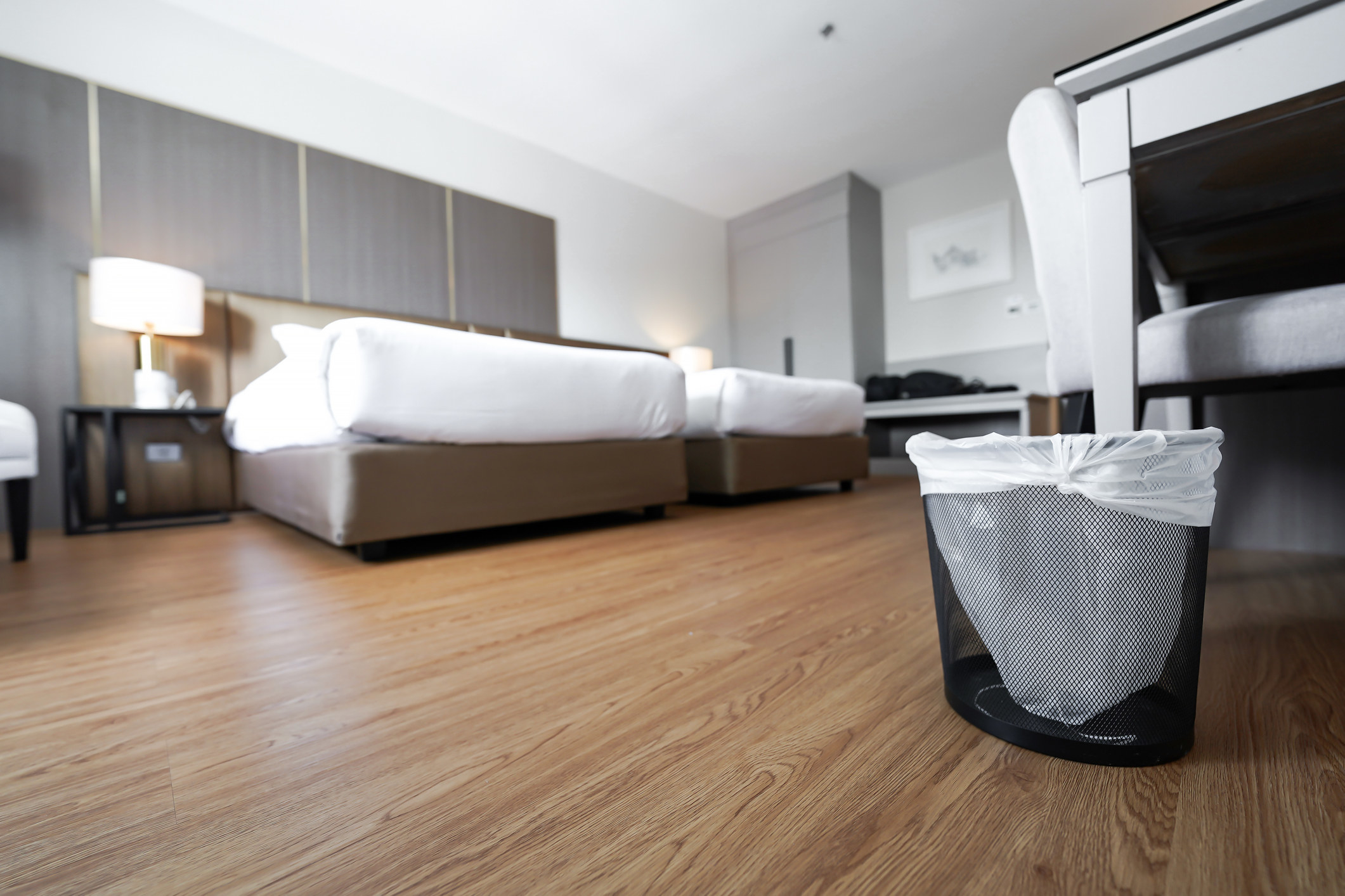 closeup of a trash can in a bedroom