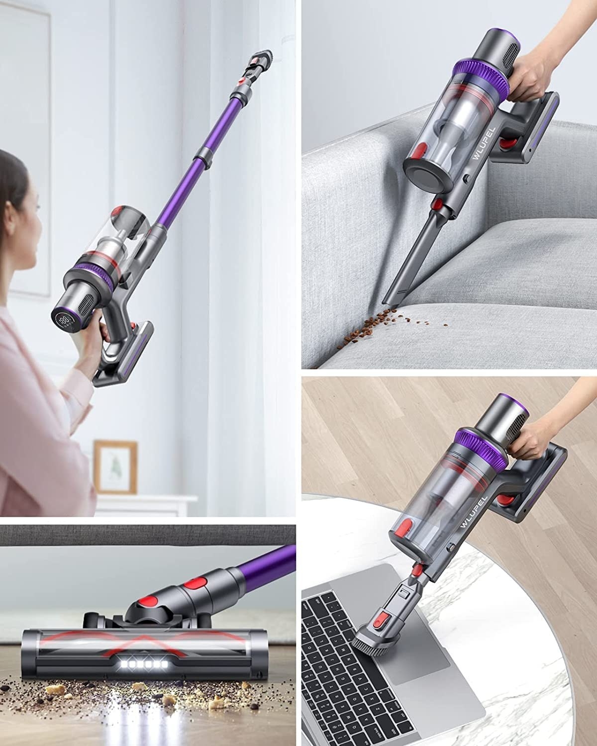 A cordless stick vacuum with an LED touchscreen display used on various surfaces
