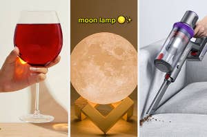 A wine glass, a moon lamp, and a vacuum