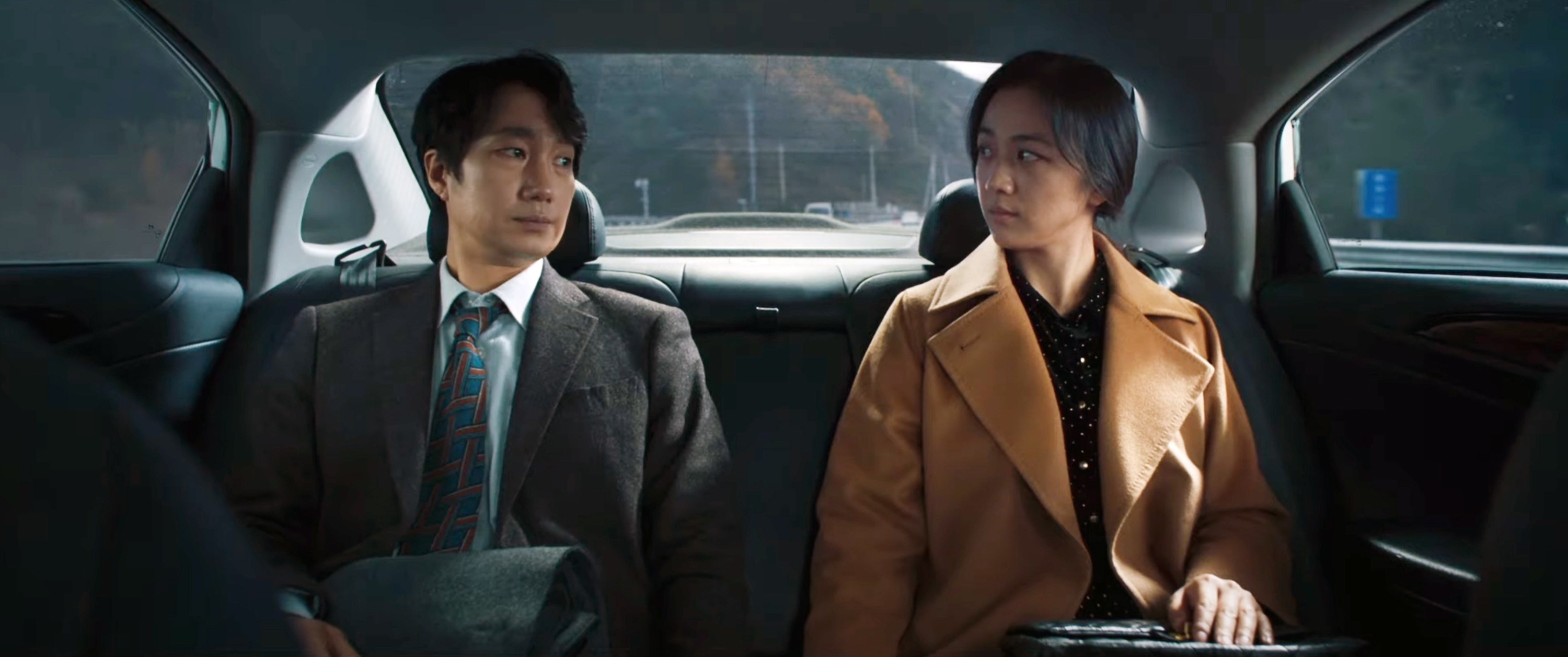 Park Hae-il and Tang Wei sit in the back of a car