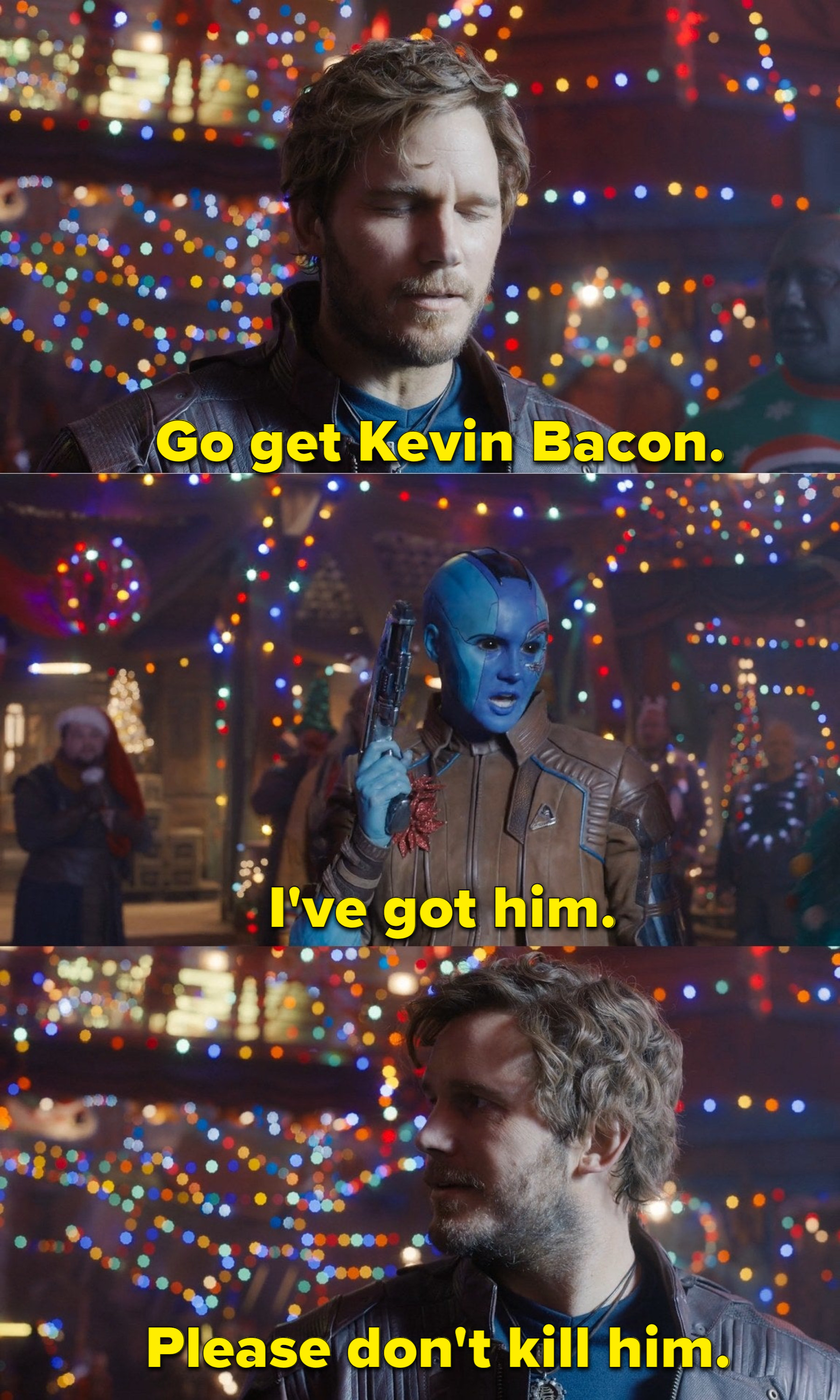 Peter Quill asks Nebula to fetch Kevin Bacon for him