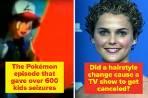 Ash and Pikachu in Pokemon and Keri Russell with short hair