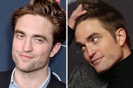 Robert Pattinson wears a black suit with a blue shirt. He also appears in an ash gray blazer with a black shirt.