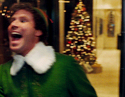 Buddy the Elf happily runs in circles in a revolving door