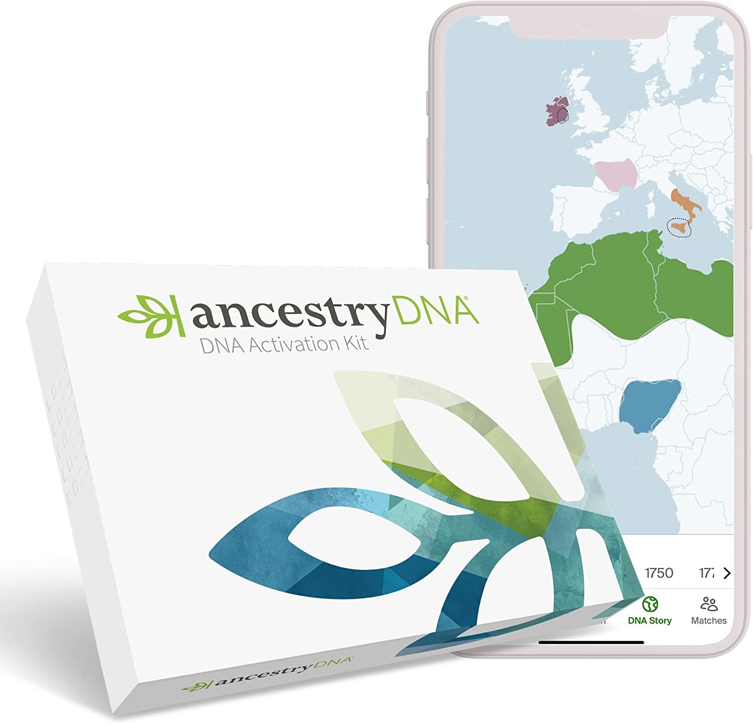 The Ancestry DNA box and a map on a phone screen