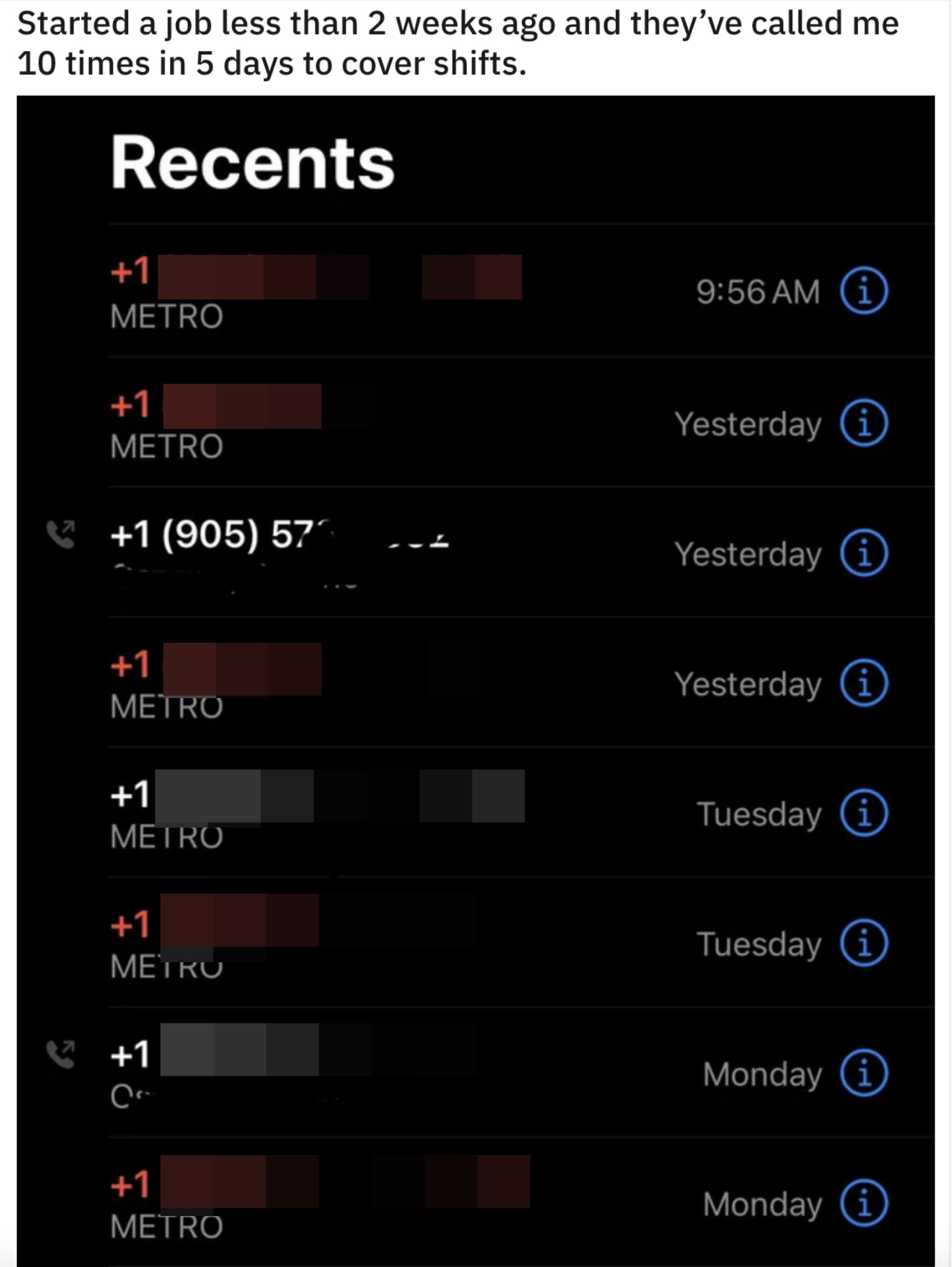 Screenshot of someone&#x27;s call log