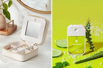 on left, white jewelry organizer with rings inside. on right, Touchland hand sanitizer bottle filled with green aloe hand sanitizer