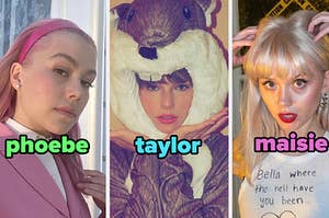 3 separate images: phoebe bridgers, taylor swift, maisie peters