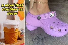 an ice cream-shaped stool; reviewer in purple platform clogs