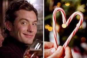 jude law in the holiday on the left and candy cane hearts on the right