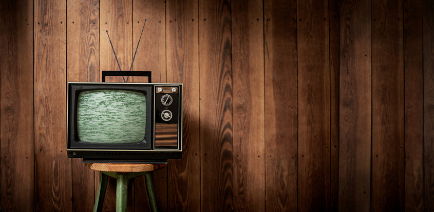 A wood-paneled wall behind a television set