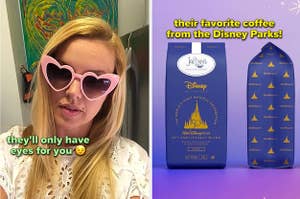 to the left: a reviewer in pink heart-shaped sunglasses, to the right: disney world 50th anniversary coffee