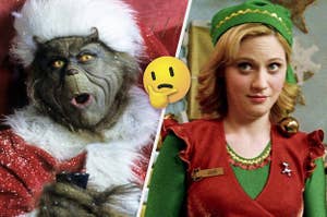 Jim Carrey in How the Grinch Stole Christmas and Zooey Deschanel in Elf