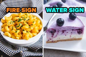 On the left, some mac and cheese labeled fire sign, and on the right, a slice of blueberry cheesecake labeled water sign