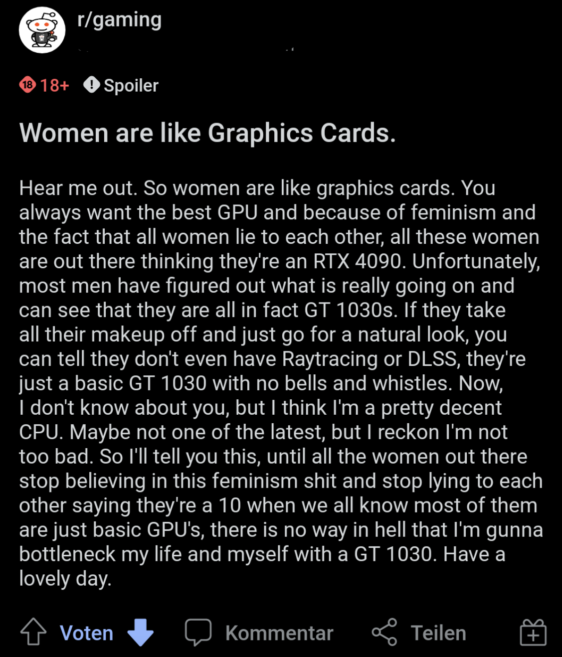 man saying women are like graphic cards and feminism has made them think too highly of themselves