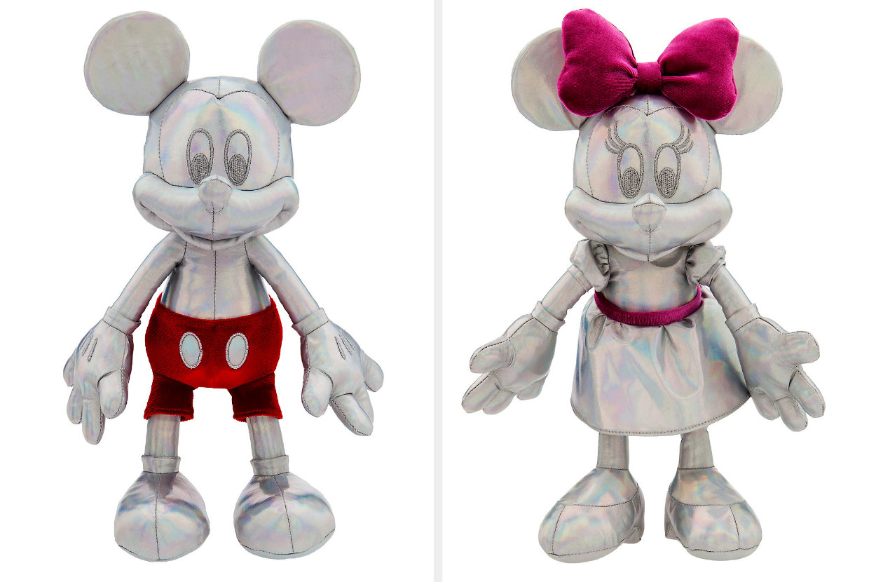 Mickey and Minnie plush dolls with an iridescent finish