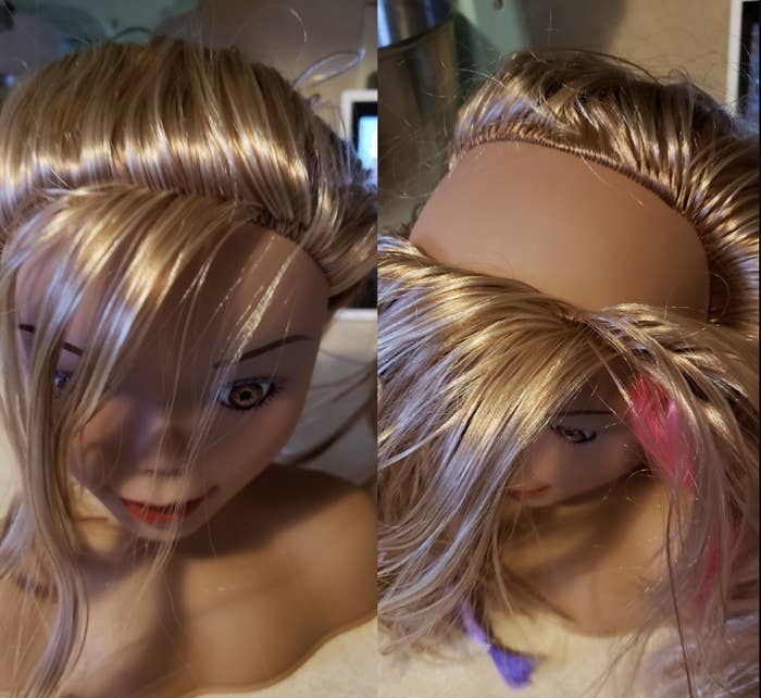 Barbie-type doll with a large bald part of their scalp in the middle of their head