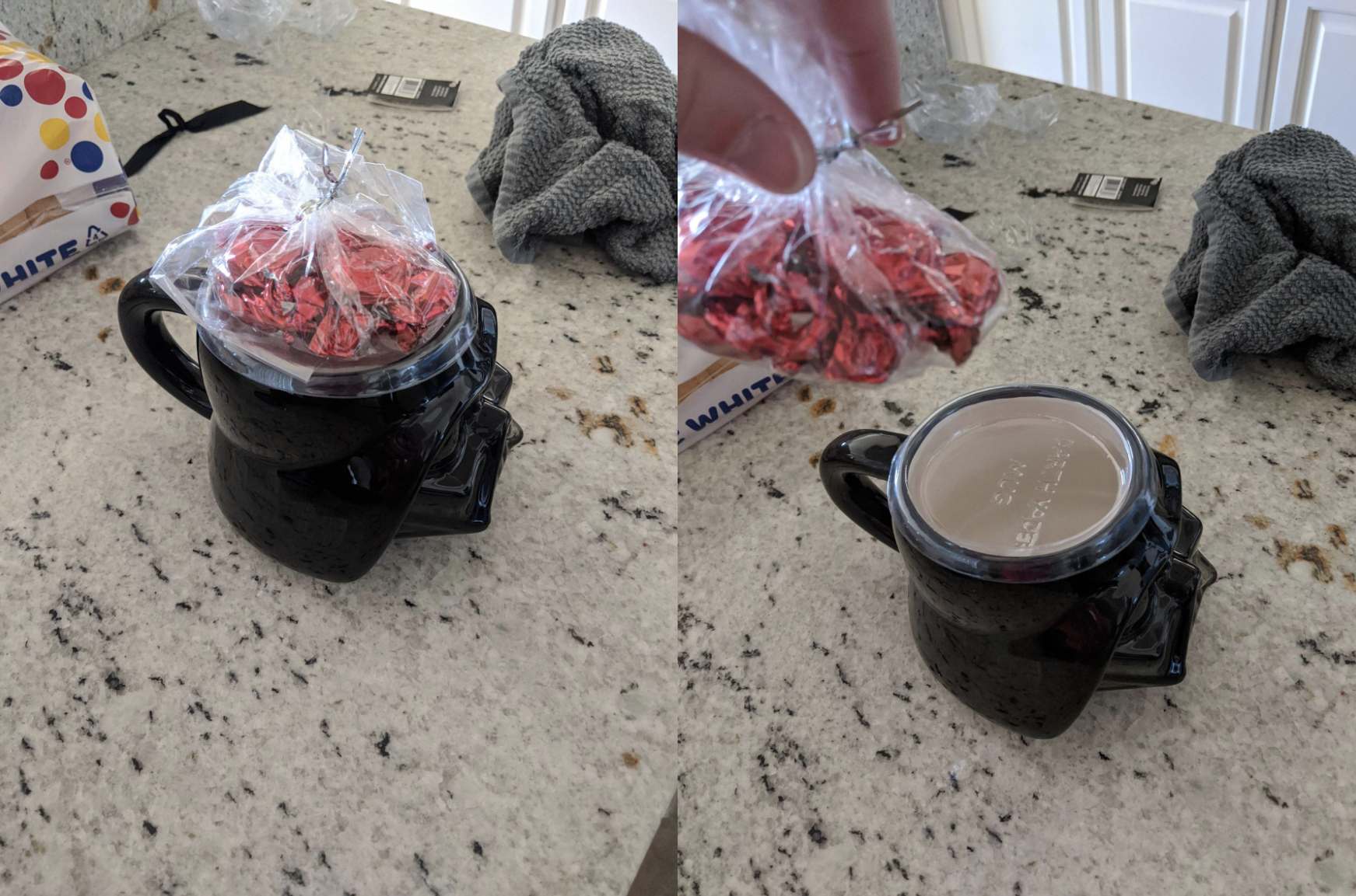 An empty mug with just a small bag of chocolates on top