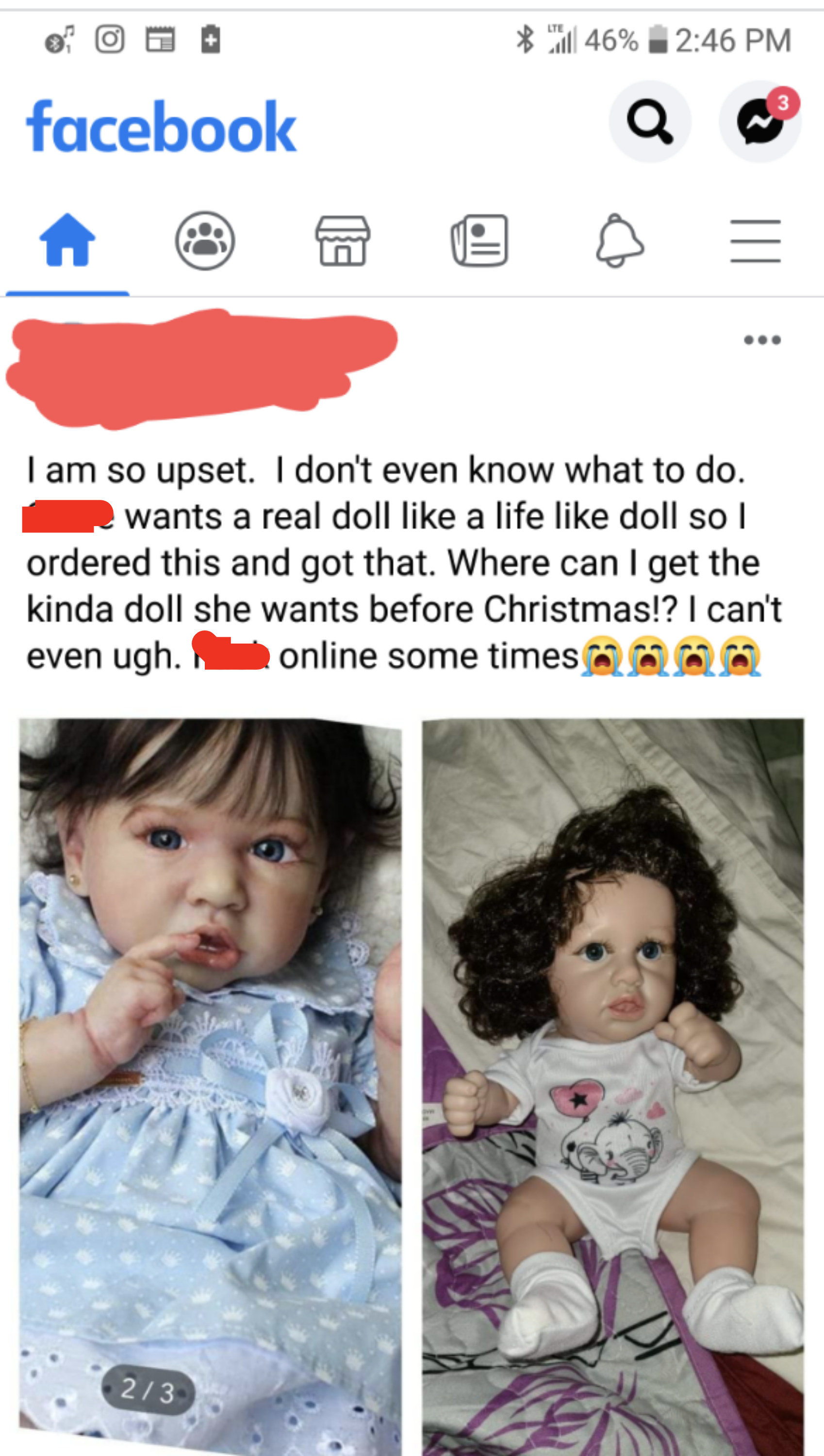 A lifelike doll on the left and a smaller doll with longer hair and looking much older on the right