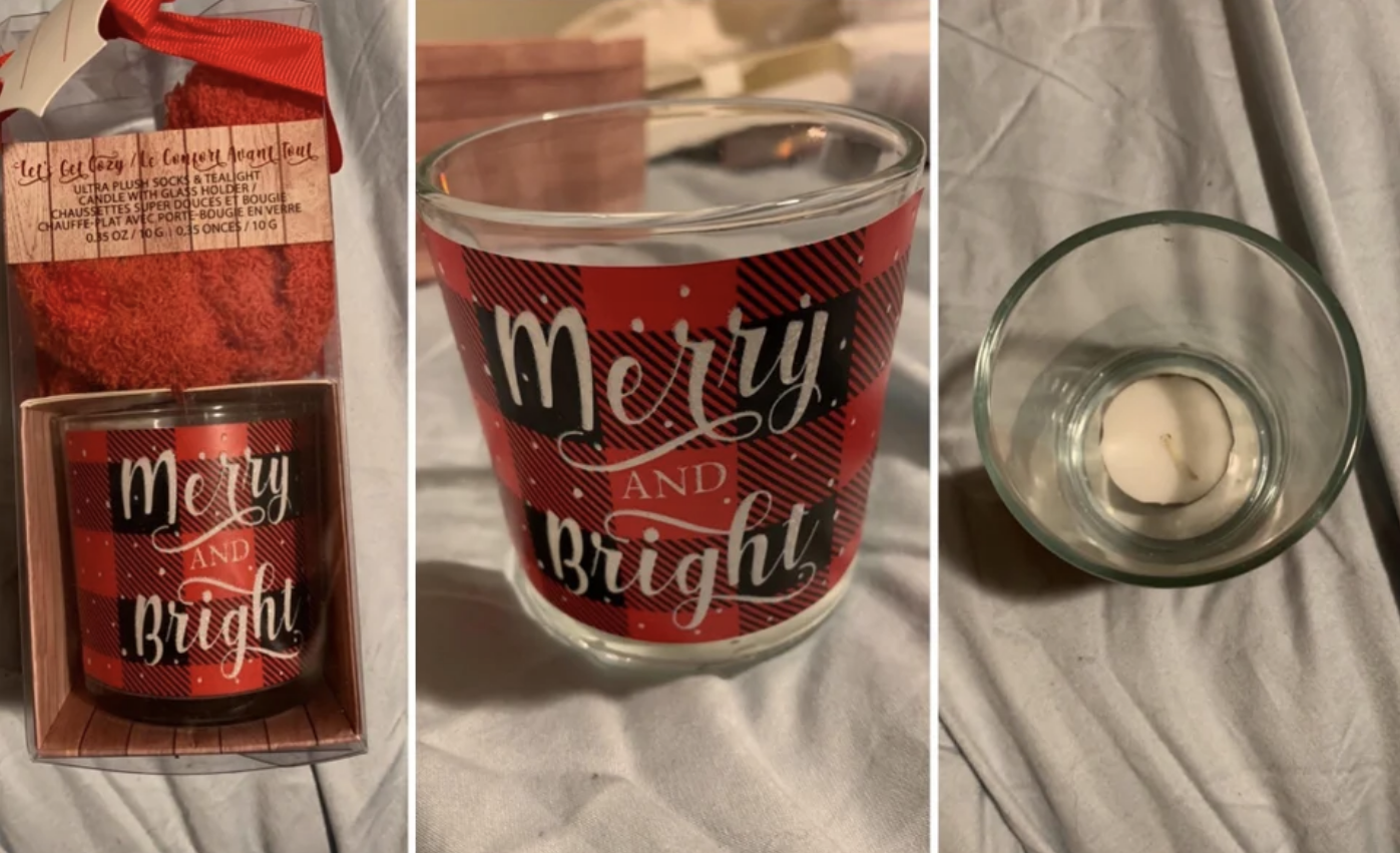 A large &quot;Merry and Bright&quot; cup that contains just a tiny candle