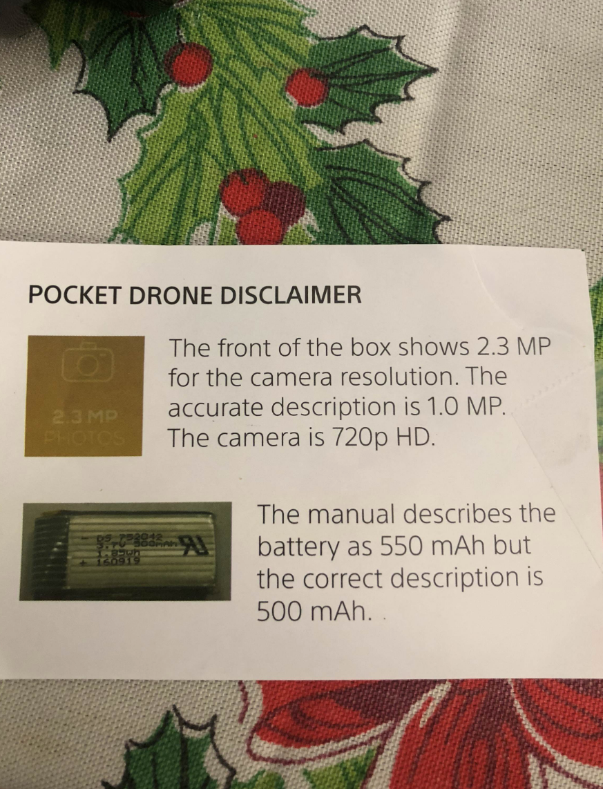 Pocket Drone disclaimer says the camera resolution is 1 MP, not 2 MP, the camera is 720 HD, and the battery is 500 mAh, not 550 mAh