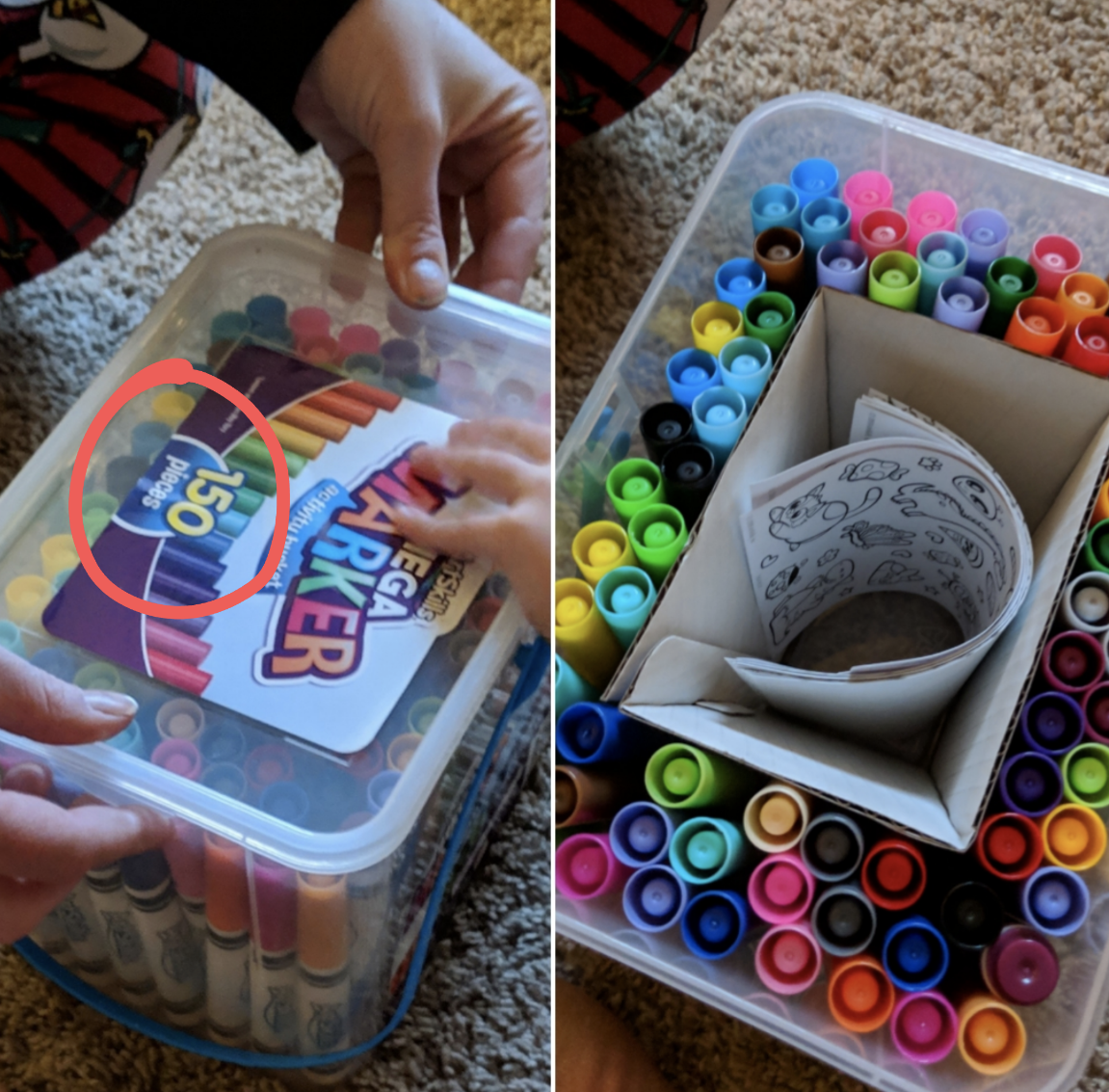 A marker container that should contain &quot;150 pieces&quot; has an empty section in the center where the label was, so fewer markers and other things, like stickers, instead