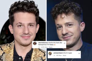 Charlie Puth wears a snakeskin print suit. He also wears a navy sweater with a gold name necklace. 