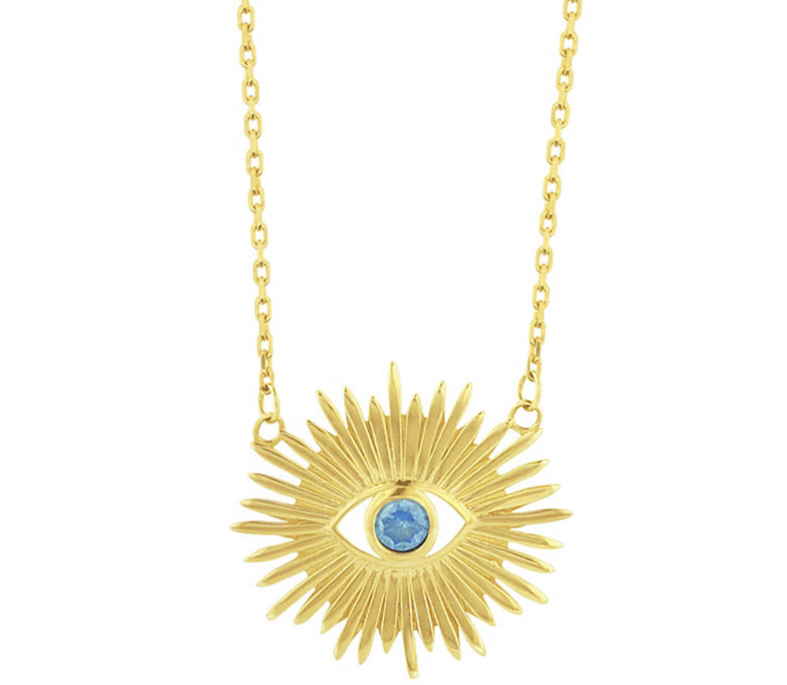 Sunburst necklace with swiss blue topaz evil eye in center