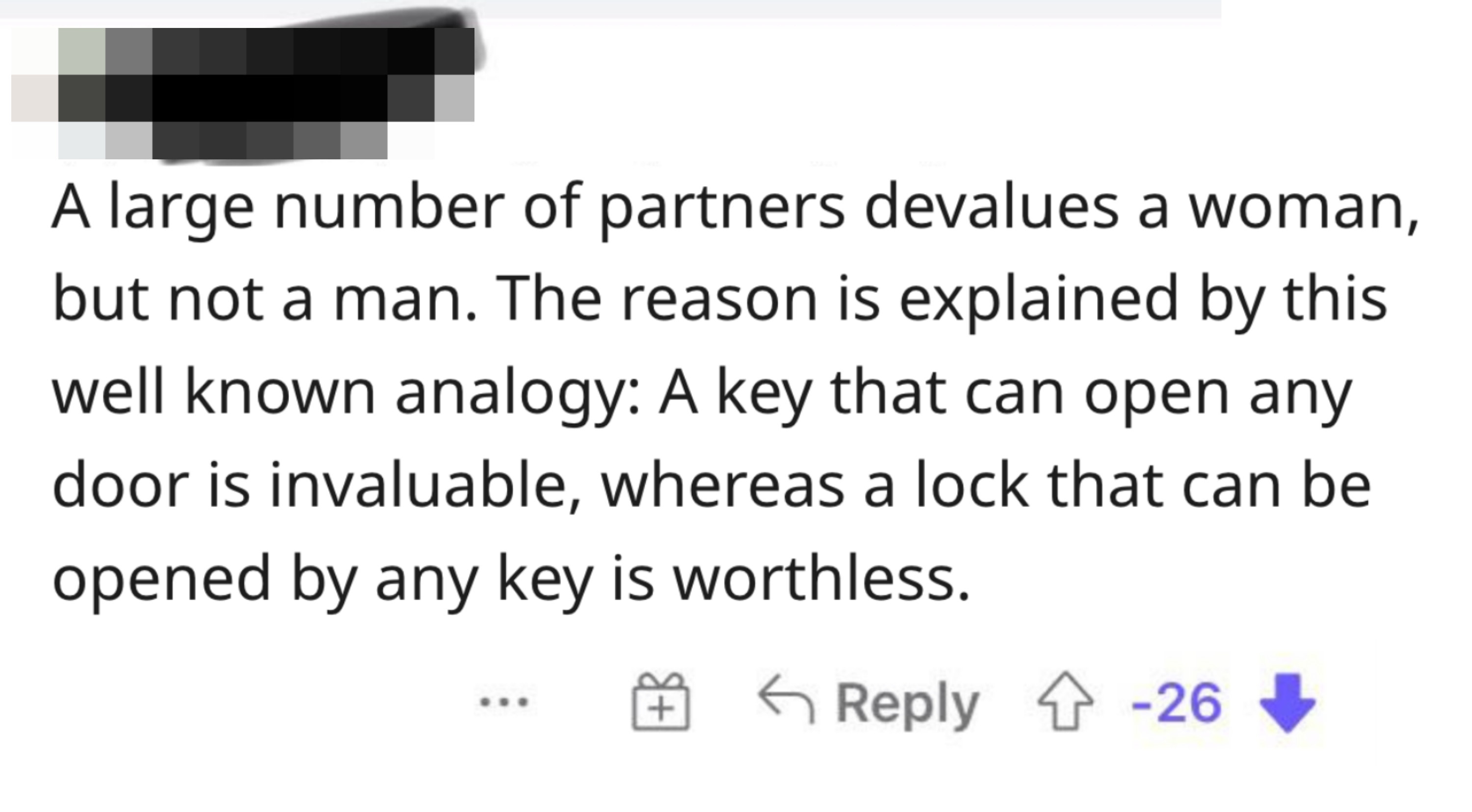 when talking about women&#x27;s sex lives a man says that a lock that can be opened by any key is worthless