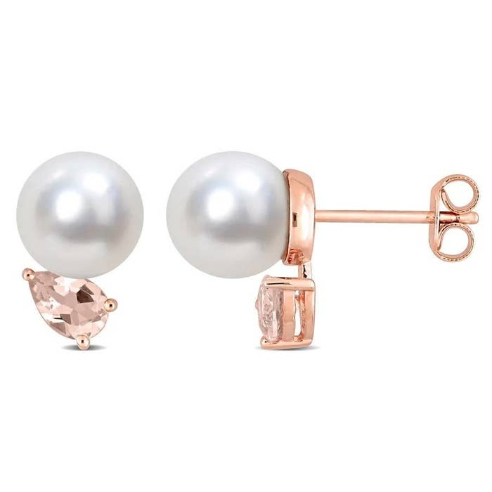 Pearl stud earrings with Pear-Cut Morganite drops below them