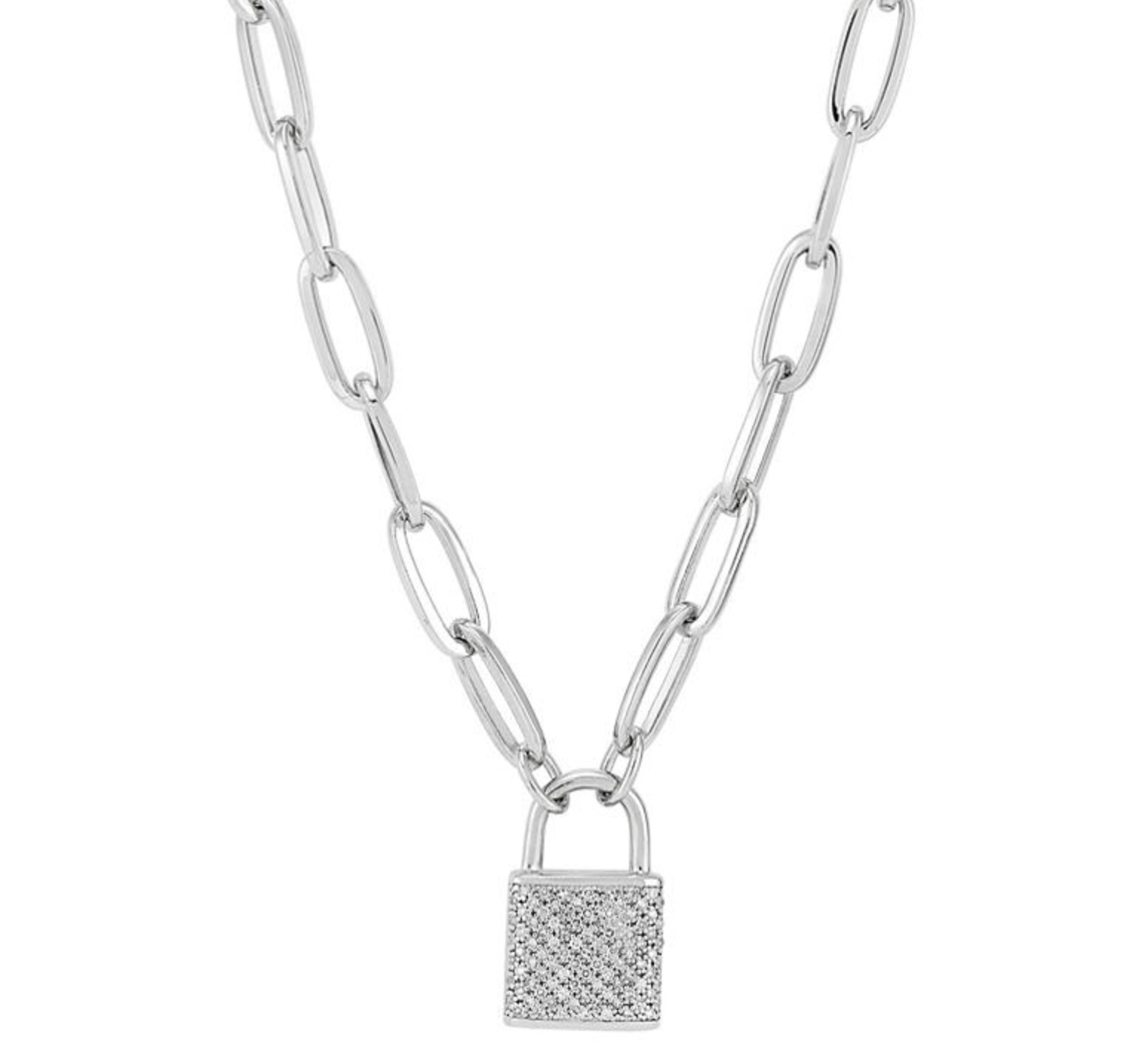 Silver chain necklace with diamond padlock charm