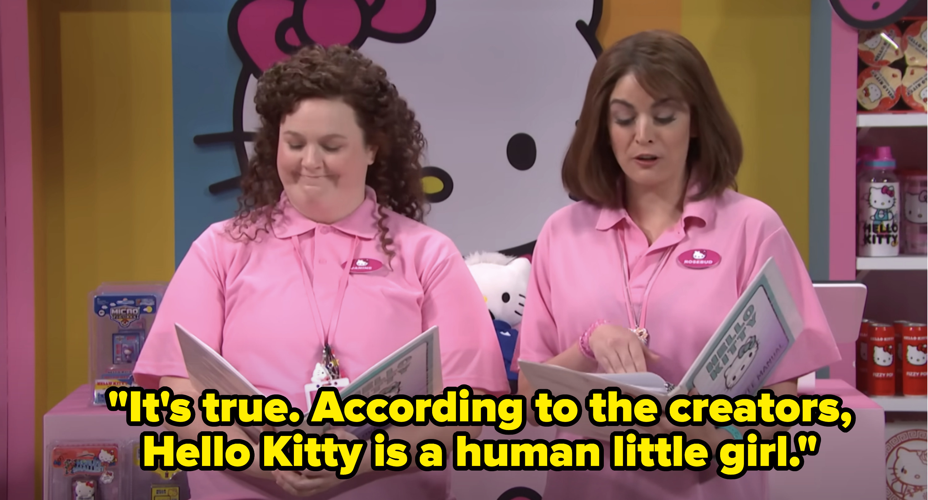 manager saying, &quot;It&#x27;s true — according to the creators, Hello Kitty is a human little girl&quot;