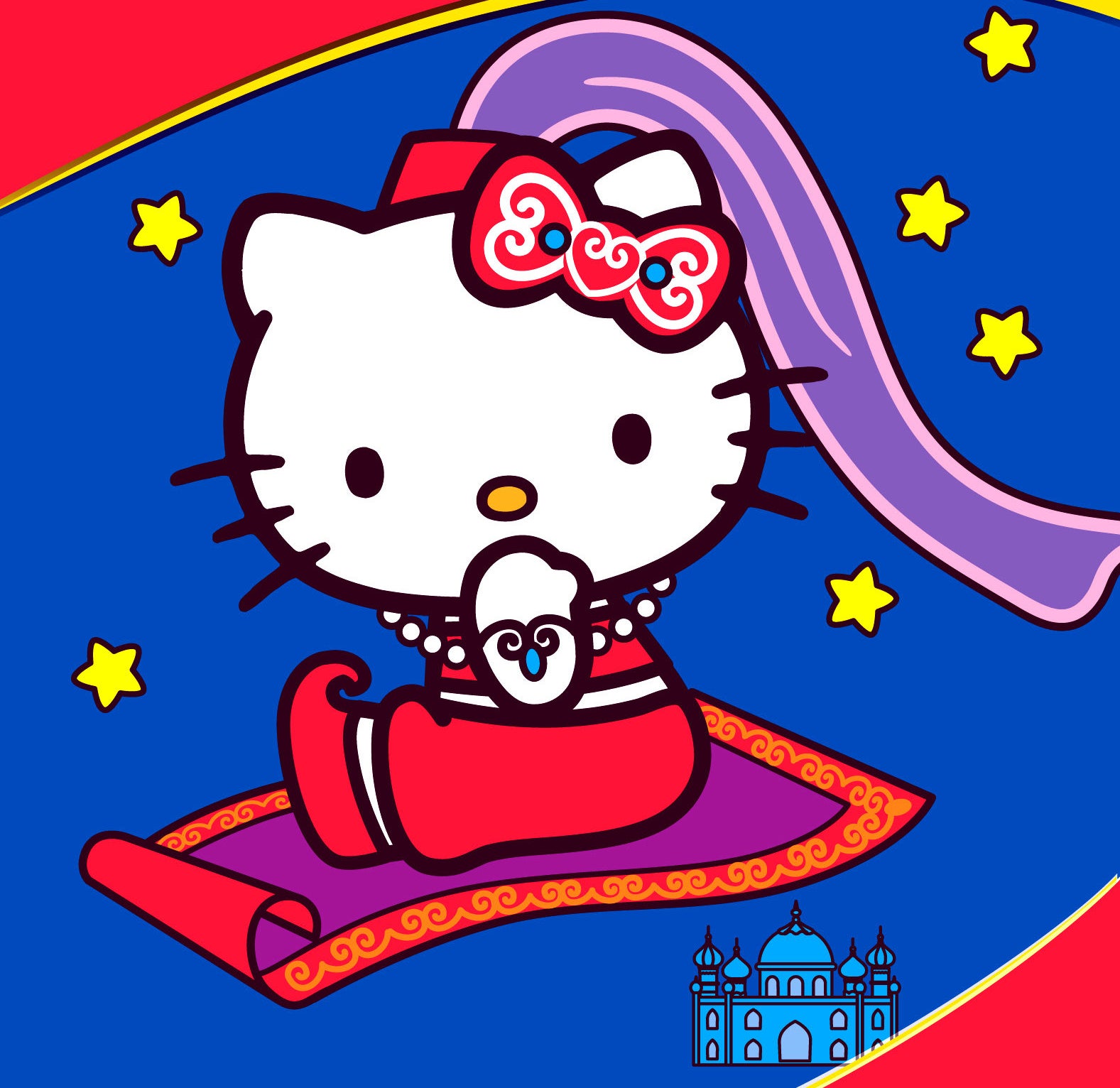 Hello Kitty looking shocked and riding a magic carpet