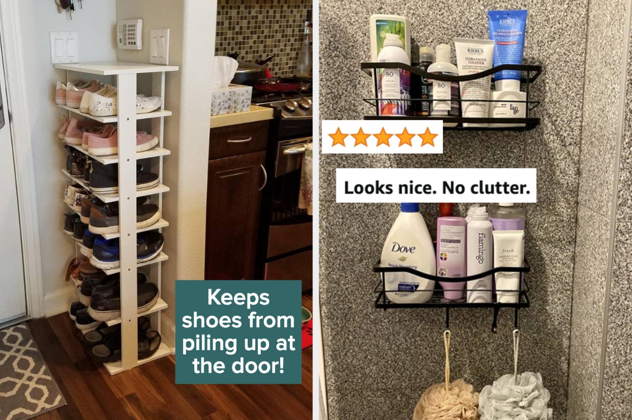 (left) shoe storage (right) bathroom shelves