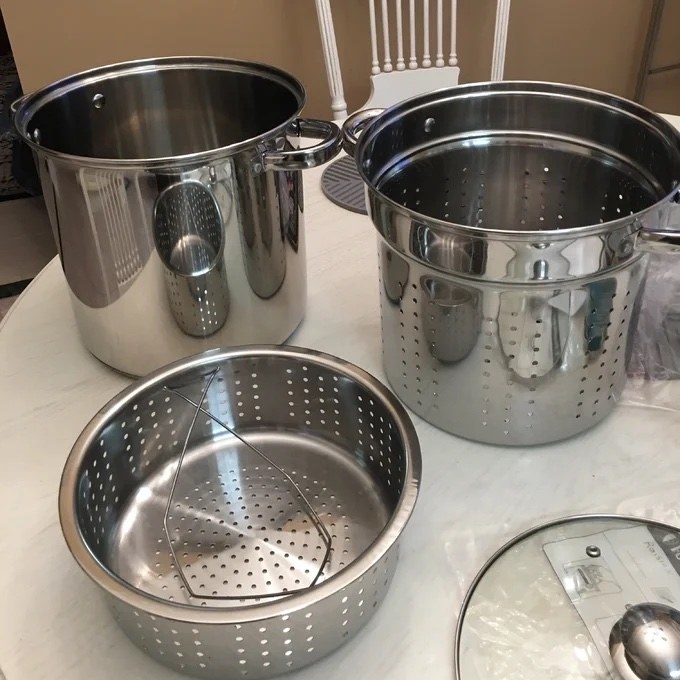 reviewer photo of stainless steel steamer basket and pots