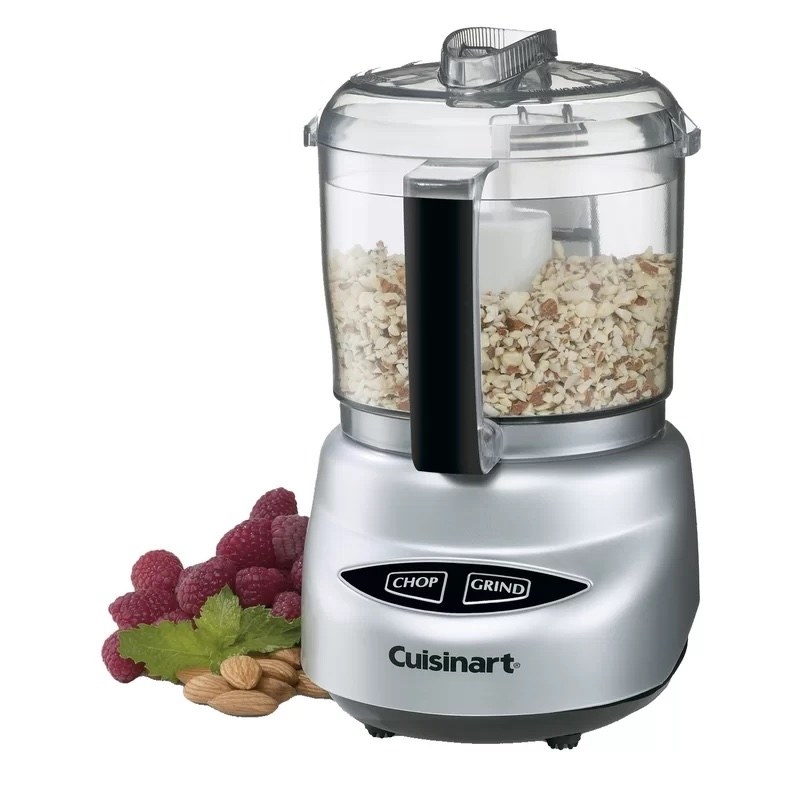 silver mini food processor with nuts inside