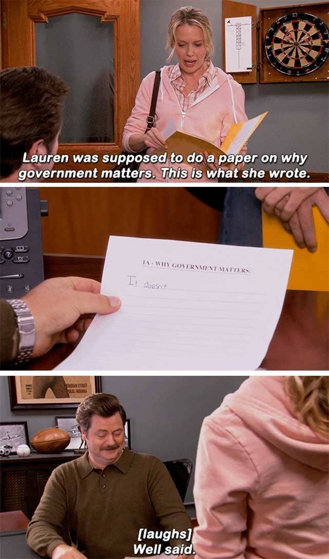 mom confronting a man at a desk saying her daughter was supposed to write a report on why government matters and she turned in a paper that said it doesn&#x27;t, the man responds with, well said