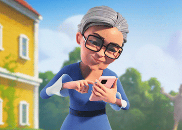 Older cartoon character scrolling on their phone with their index finger